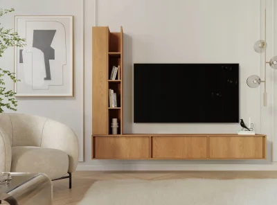 Nowoczesna meblościanka wisząca PONTI dąb carmel – minimalistyczna strefa TV - nowoczesna zabudowa RTV do salonu z szafką RTV i pionowym regałem.