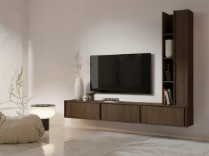 Nowoczesna meblościanka RTV wisząca PONTI  dąb villa – minimalistyczna strefa TV