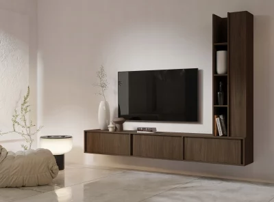 Nowoczesna meblościanka wisząca PONTI orzech villa – minimalistyczna strefa TV - nowoczesna zabudowa RTV do salonu z szafką RTV i pionowym regałem.