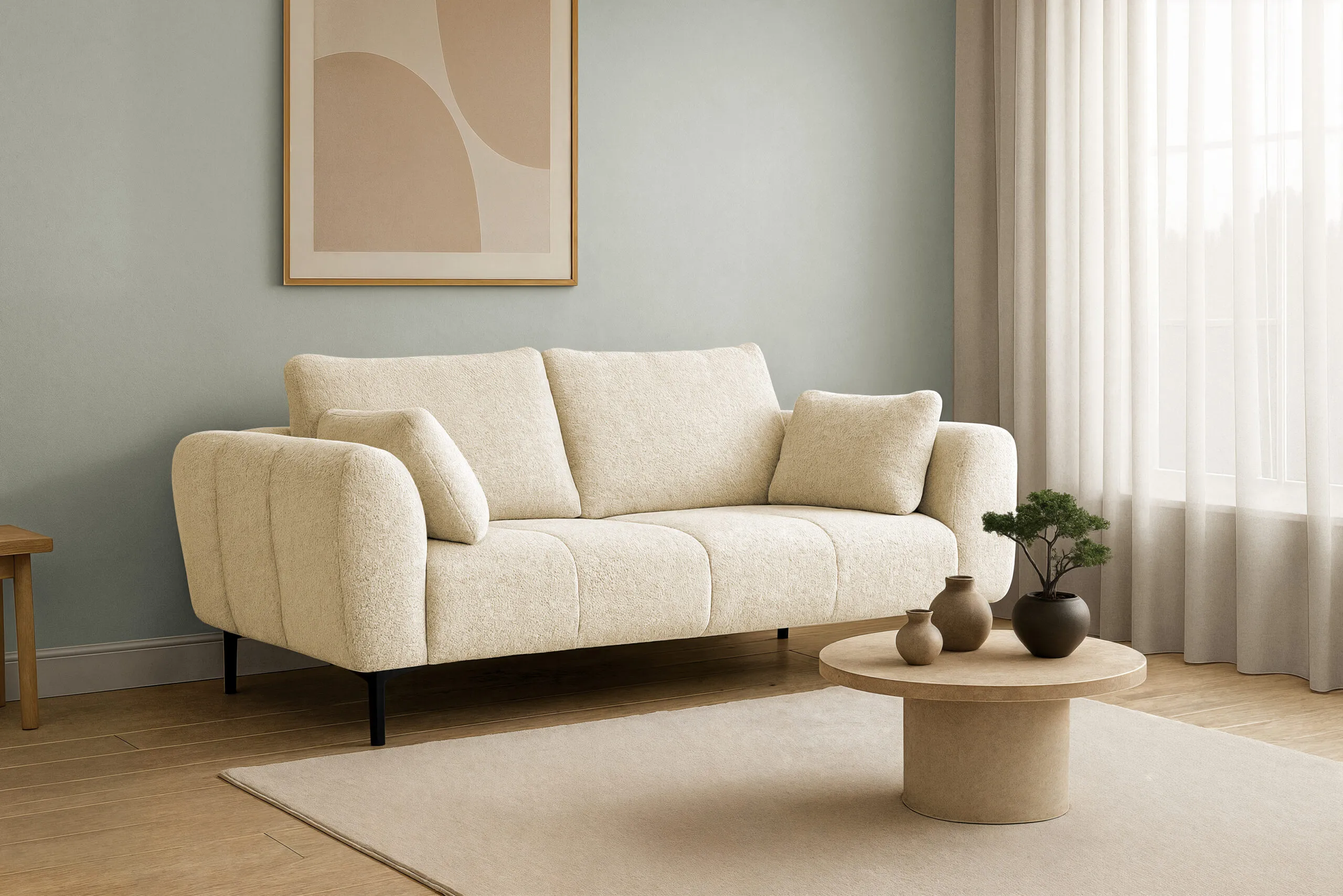 Kanapa z funkcja spania rozkładana Nordic. Wygodna sofa do salonu z opcją rozkładania, nowoczesna kanapa wielofunkcyjna do pokoju dziennego.