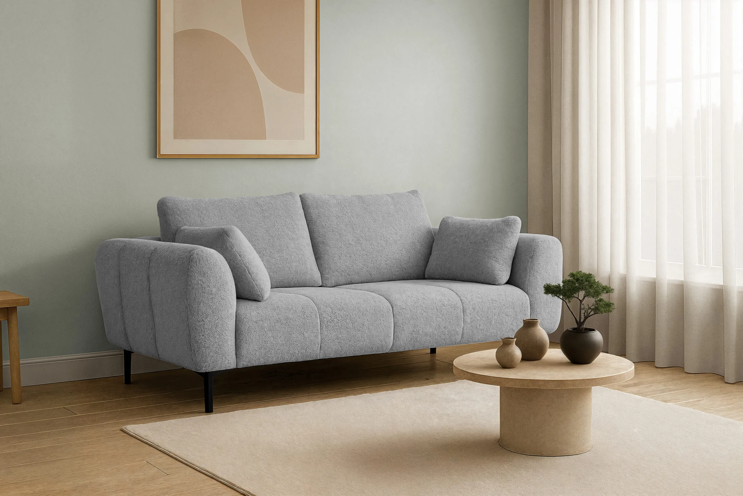 Kanapa z funkcja spania rozkładana Nordic. Wygodna sofa do salonu z opcją rozkładania, nowoczesna kanapa wielofunkcyjna do pokoju dziennego.