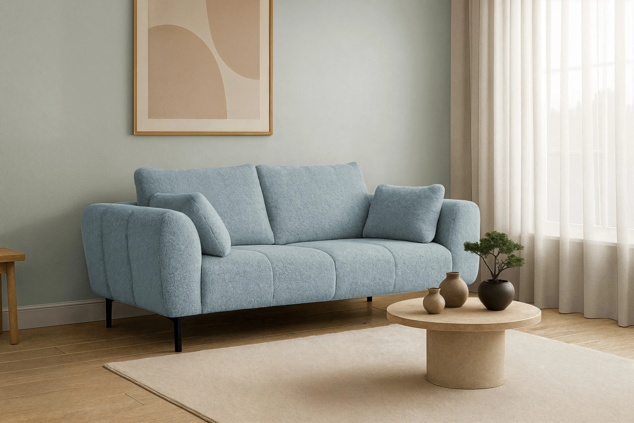 Kanapa z funkcja spania rozkładana Nordic. Wygodna sofa do salonu z opcją rozkładania, nowoczesna kanapa wielofunkcyjna do pokoju dziennego.